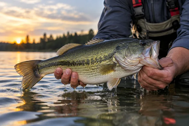 A largemouth bass being released back into the water