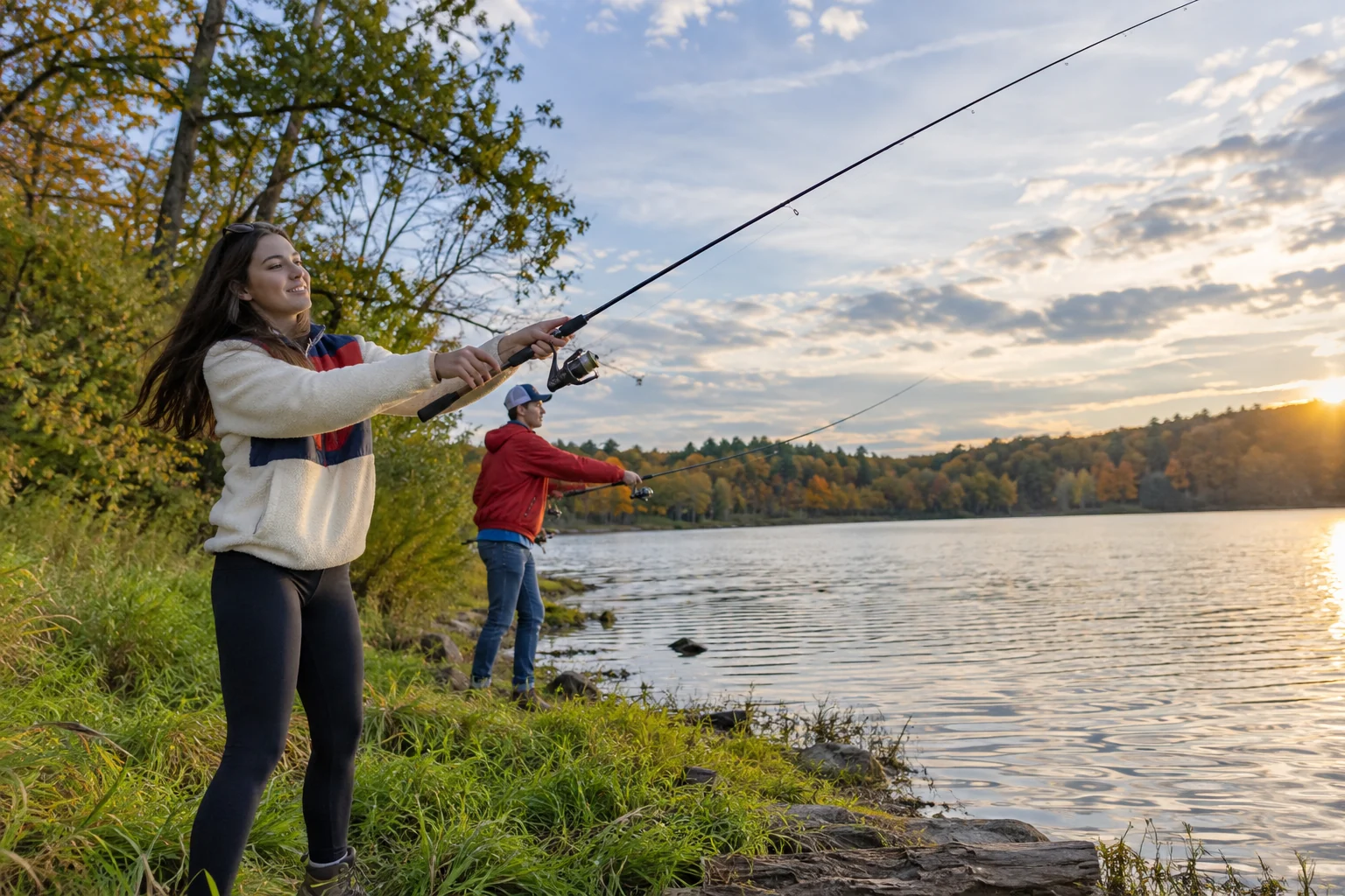 Anglers casting from a grassy lakeshore