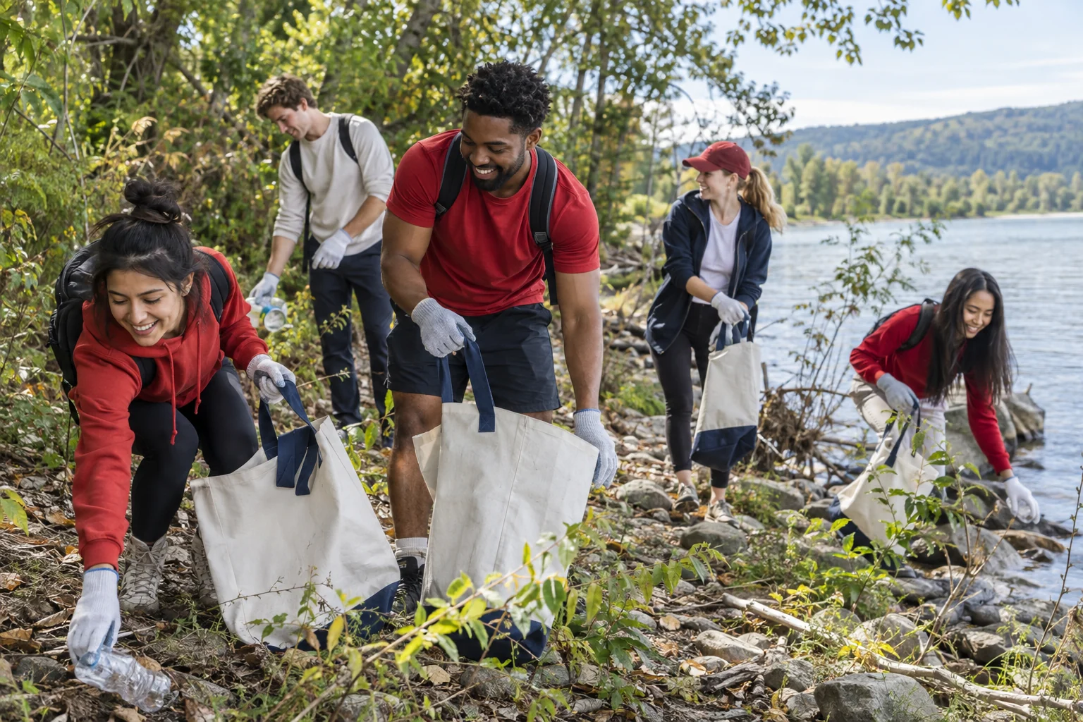 Volunteers collecting litter along a Wisconsin lakeshore