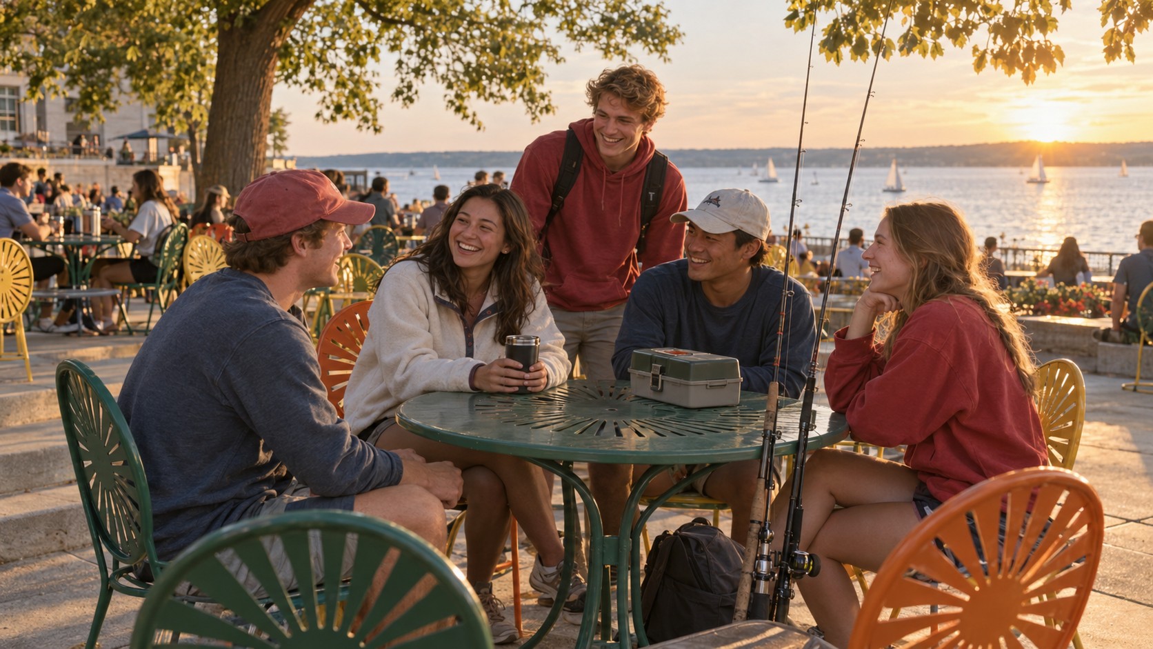 Anglers gathering with fishing gear beside the lake at the Union Terrace